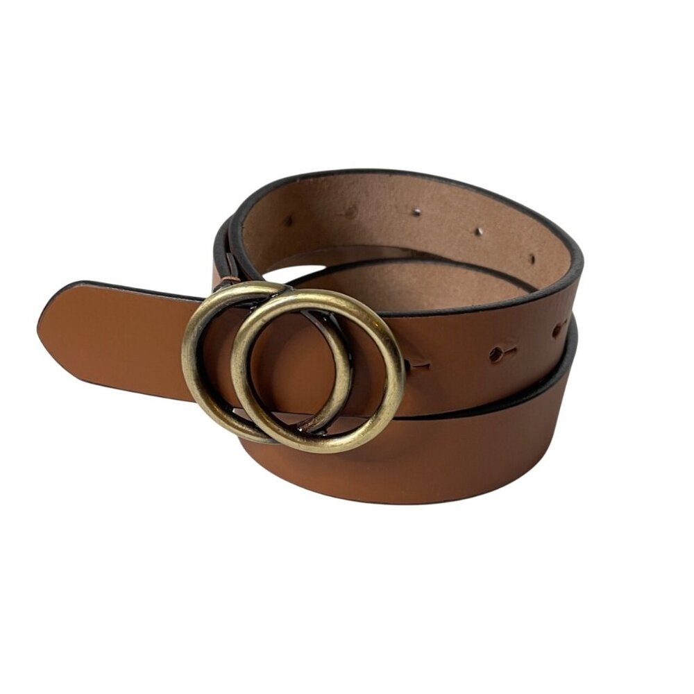 Gloria Vanderbilt Brown Leather Belt with Gold Double-Ring Buckle
